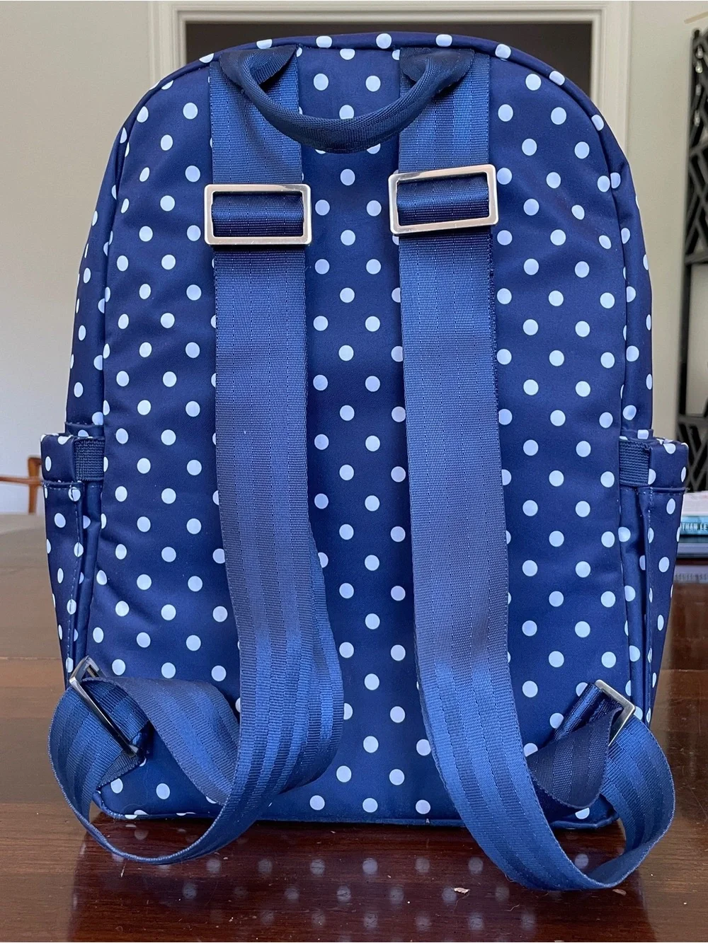 Ju-Ju-Be Duchess Navy Blue and White Polka Dot Midi Backpack Diaper Bag EUC